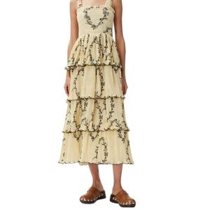 Ganni Georgette Dress Floral Shawdow Flawn Smiley Face NWT Size 44 US 12
